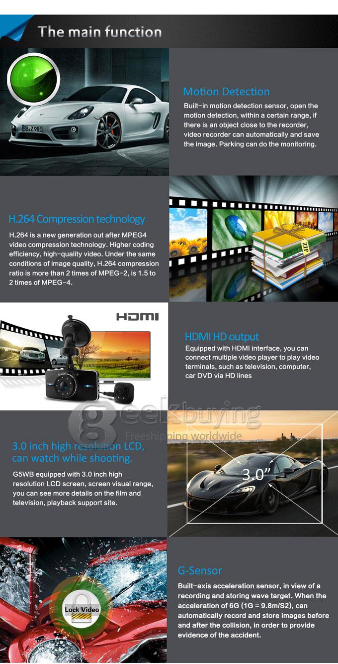 G5WB Allwinner A10 Dual Lens 1080P + 720P H.264 3.0 Inch 140 Degrees Wide Angle Lens Car DVR with Motion Detection and IR Night Vision