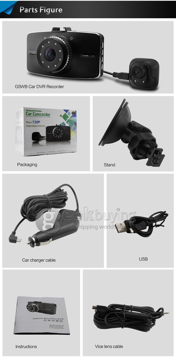 G5WB Allwinner A10 Dual Lens 1080P + 720P H.264 3.0 Inch 140 Degrees Wide Angle Lens Car DVR with Motion Detection and IR Night Vision