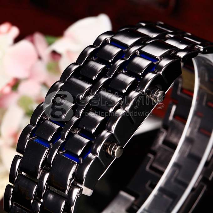 Makibes Lava Watch Men Watch Stainless Steel LED Blue Digital Bracelet Watch - Black + Blue