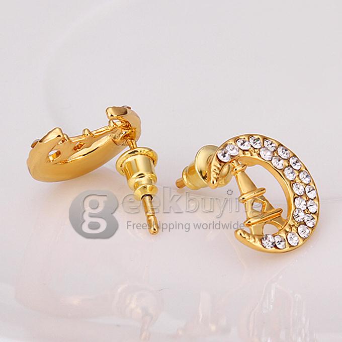 Fashion Women Jewelry C-shaped Eiffel Tower Earrings with Rhinestones Decor - Golden