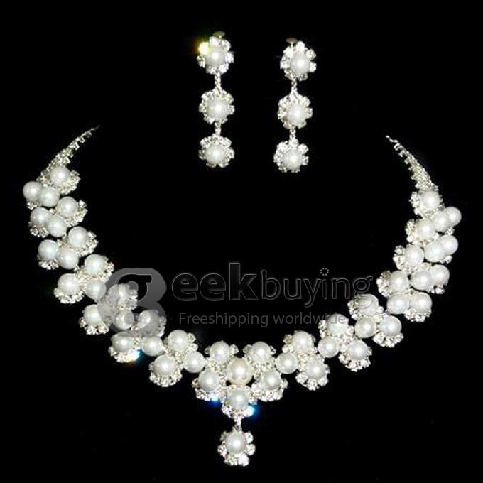 Fashion Crystal Pearl Alloy Necklace and Earrings Wedding Party Jewelry Sets for Ladies