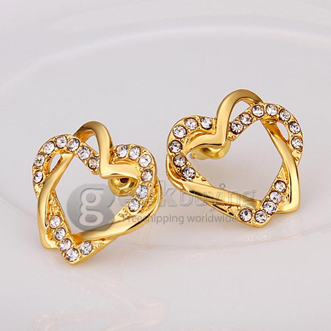 Fashion Women Jewelry Double Heart-shaped Earrings with Rhinestones Decor - Golden