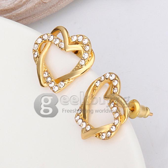 Fashion Women Jewelry Double Heart-shaped Earrings with Rhinestones Decor - Golden