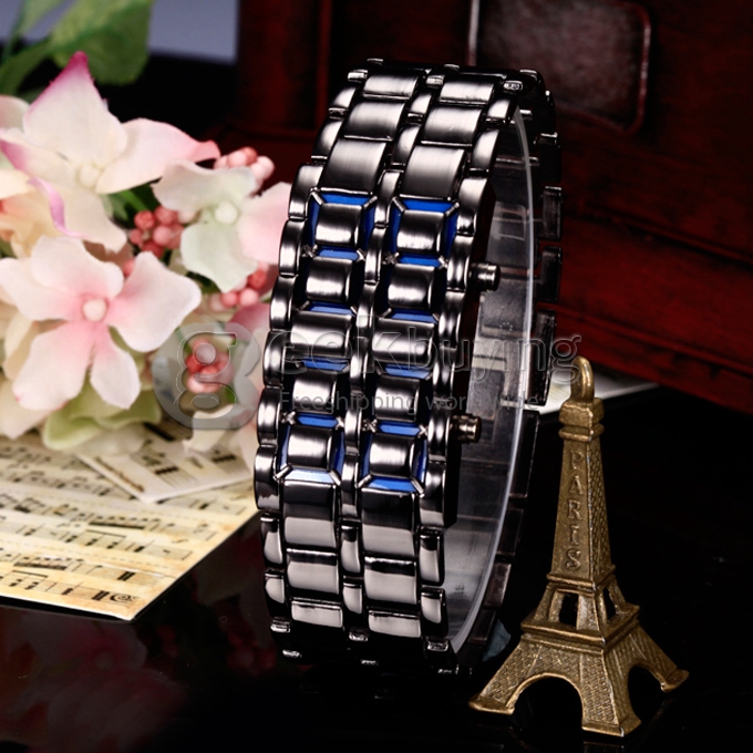 Makibes Lava Watch Men Watch Stainless Steel LED Blue Digital Bracelet Watch - Black + Blue