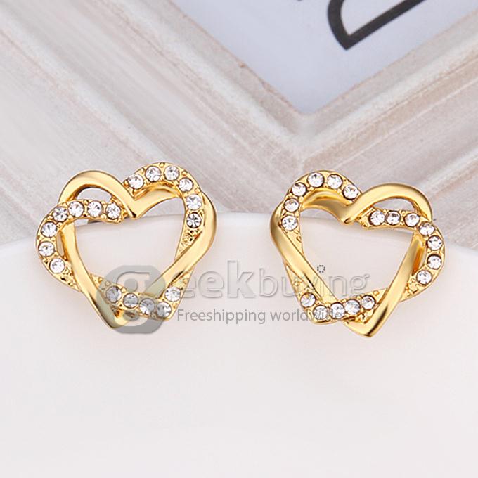 Fashion Women Jewelry Double Heart-shaped Earrings with Rhinestones Decor - Golden