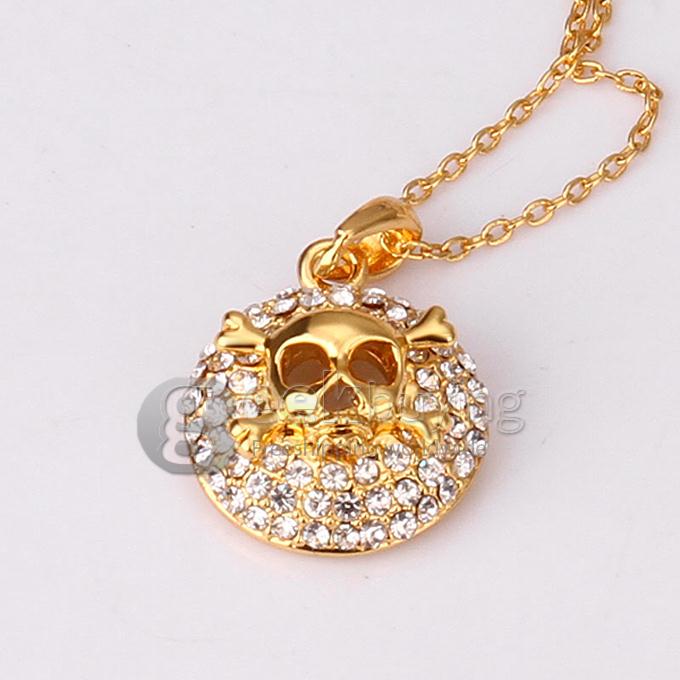 Creative Women Jewelry Fashion Skull Necklace with Rhinestones Decor - Golden