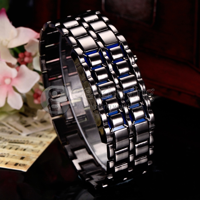 Makibes Lava Watch Men Watch Stainless Steel LED Blue Digital Bracelet Watch - Black + Blue
