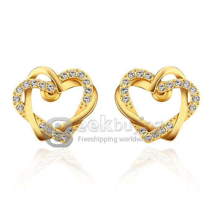 Fashion Women Jewelry Double Heart-shaped Earrings with Rhinestones Decor - Golden