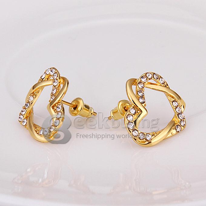 Fashion Women Jewelry Double Heart-shaped Earrings with Rhinestones Decor - Golden