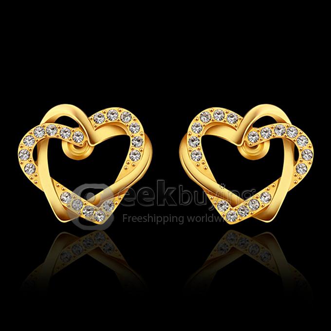 Fashion Women Jewelry Double Heart-shaped Earrings with Rhinestones Decor - Golden