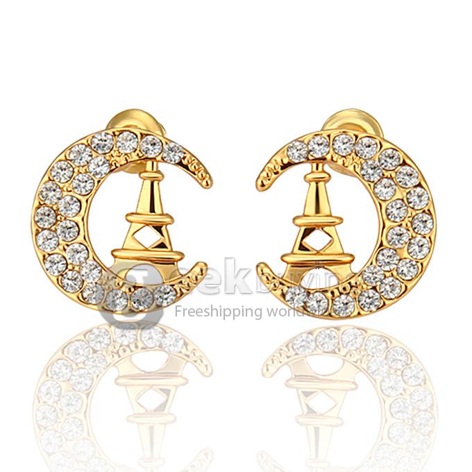 Fashion Women Jewelry C-shaped Eiffel Tower Earrings with Rhinestones Decor - Golden