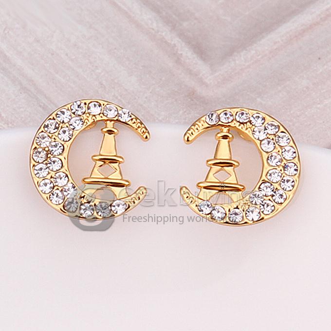 Fashion Women Jewelry C-shaped Eiffel Tower Earrings with Rhinestones Decor - Golden