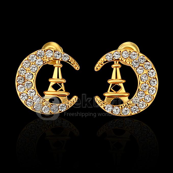 Fashion Women Jewelry C-shaped Eiffel Tower Earrings with Rhinestones Decor - Golden