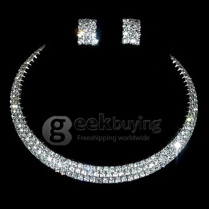 Fashion Crystal Alloy 3 Rows of Diamond Collar and Earrings Wedding Party Jewelry Sets for Ladies