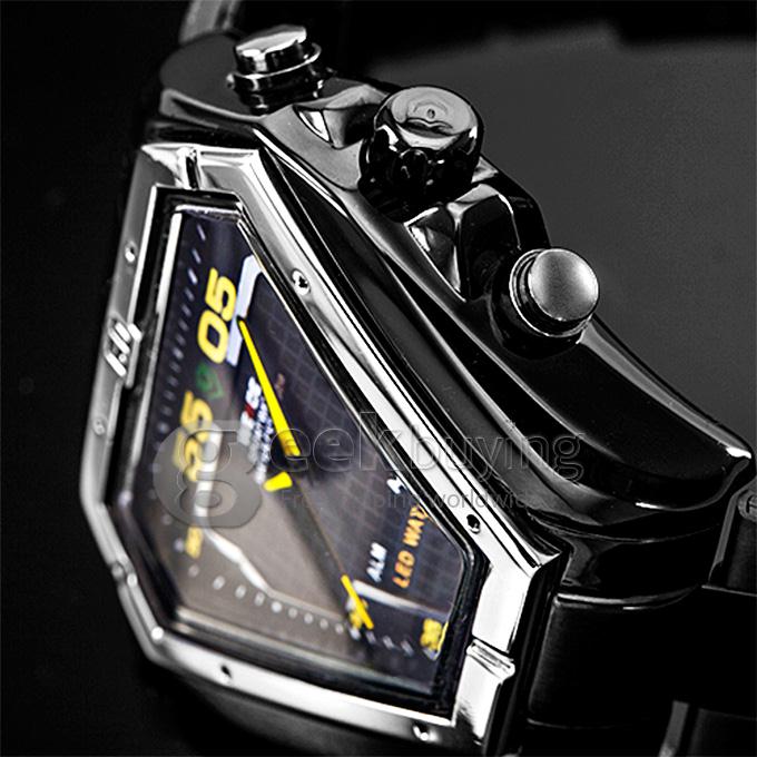 Makibes Men's Triangle Shape Analog-Digital Multi-Functional Black Steel Watchband Wrist Watch - Yellow