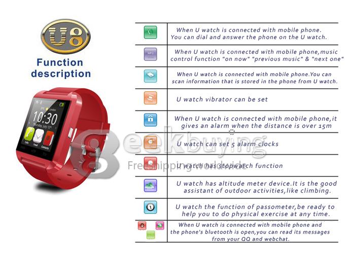 Bluetooth Smart WristWatch U8 U Watch for Samsung S4/Note 3 HTC Android Phone Smartphones - Red
