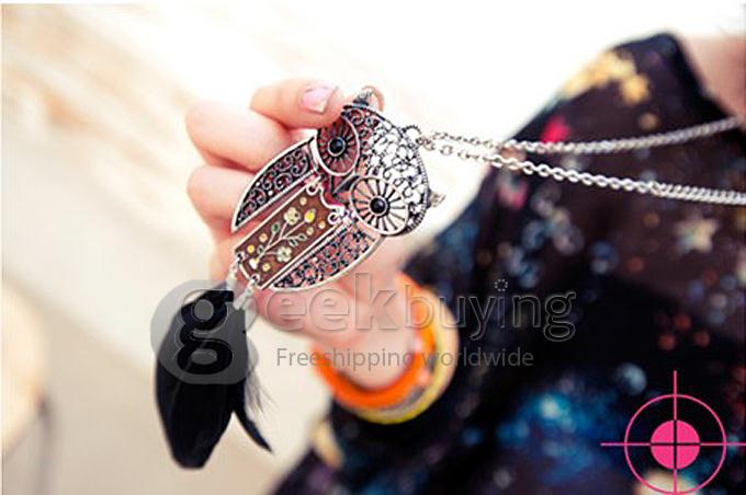 Trendy Ancient Silver Owl Pendant Sweater Chain Necklace for Women
