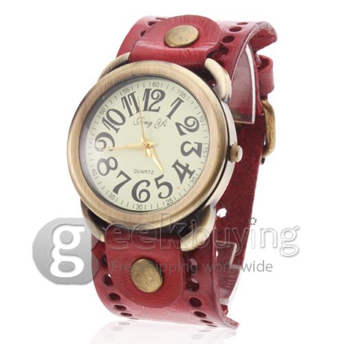 Women's Casual Style Analog Leather Quartz Wrist Watch - Red