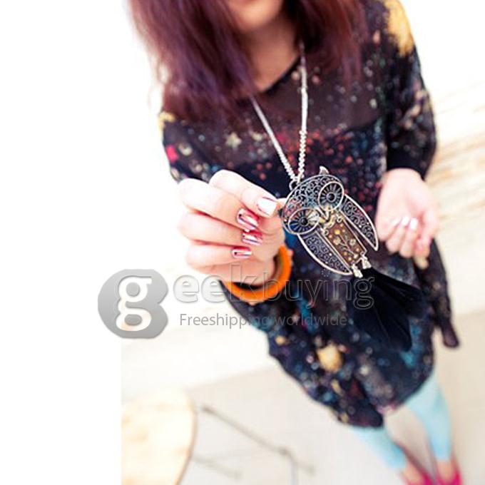 Trendy Ancient Silver Owl Pendant Sweater Chain Necklace for Women