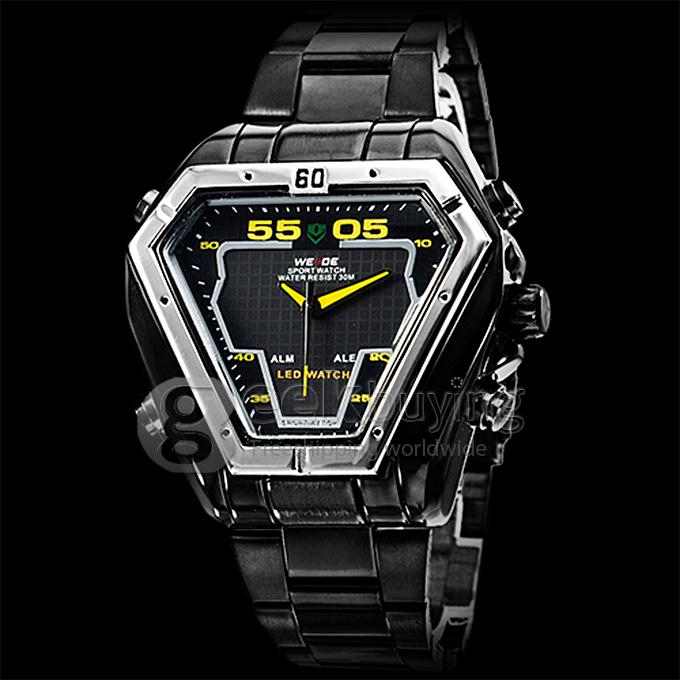 Makibes Men's Triangle Shape Analog-Digital Multi-Functional Black Steel Watchband Wrist Watch - Yellow