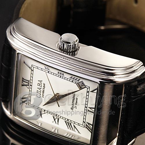 Men's Mechanical Calendar Function White Rectangle Dial PU Band Analog Wrist Watch