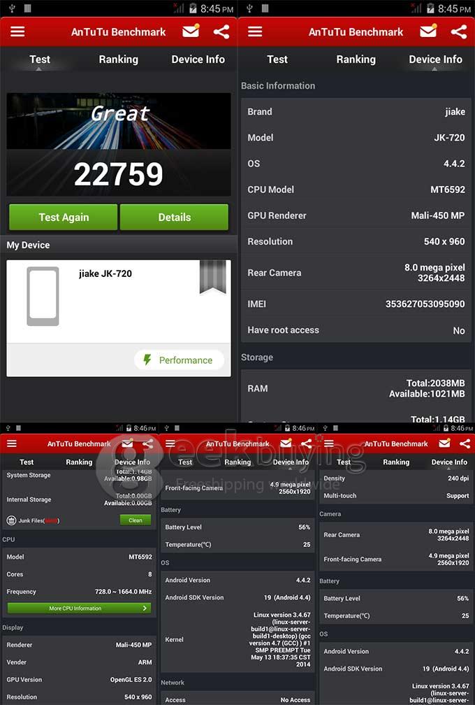 JIAKE JK3/JK-720 MTK6592 Octa Core 1.7GHz 5.0 Inch Android 4.4 OS Smartphone 1GB RAM 8GB ROM 8.0MP 2.0MP 3G GPS - Black