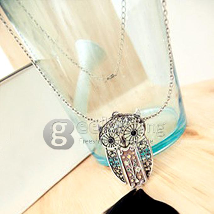 Trendy Ancient Silver Owl Pendant Sweater Chain Necklace for Women