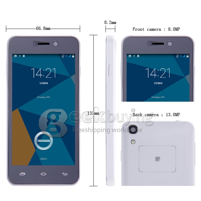 Doogee Valencia DG800 MTK6582 Quad Core 1.3GHz 4.5 Inch Android 4.4 OS Smartphone 1GB RAM 8GB ROM IPS QHD Screen 13.0MP 3G GPS OTG OTA Back Touch White