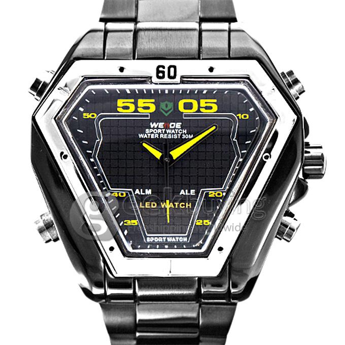 Makibes Men's Triangle Shape Analog-Digital Multi-Functional Black Steel Watchband Wrist Watch - Yellow