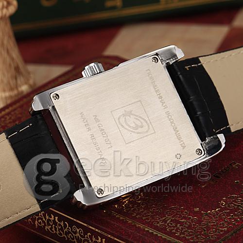 Men's Mechanical Calendar Function White Rectangle Dial PU Band Analog Wrist Watch