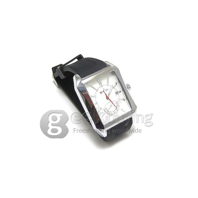 CURREN 8144 Black Rubber Band Square Case Quartz Analog Wrist Watch Timepiece with Calendar for Men - Silver & White