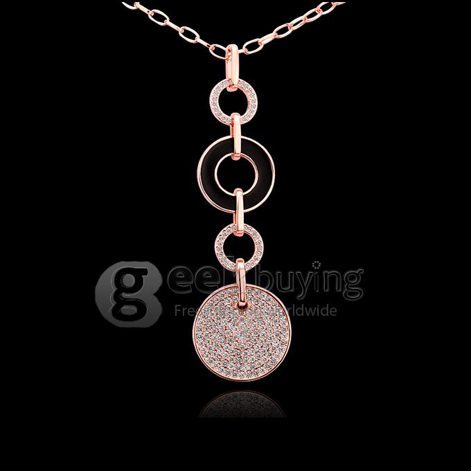 Fashion Crystal Pave Circle Pendant Sweater Chain Necklace - Black