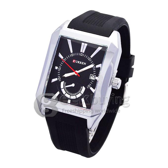 CURREN 8144 Black Rubber Band Square Case Quartz Analog Wrist Watch Timepiece with Calendar for Men - Silver & Black