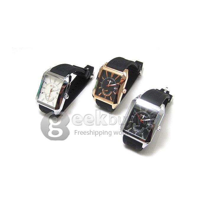 CURREN 8144 Black Rubber Band Square Case Quartz Analog Wrist Watch Timepiece with Calendar for Men - Silver & White