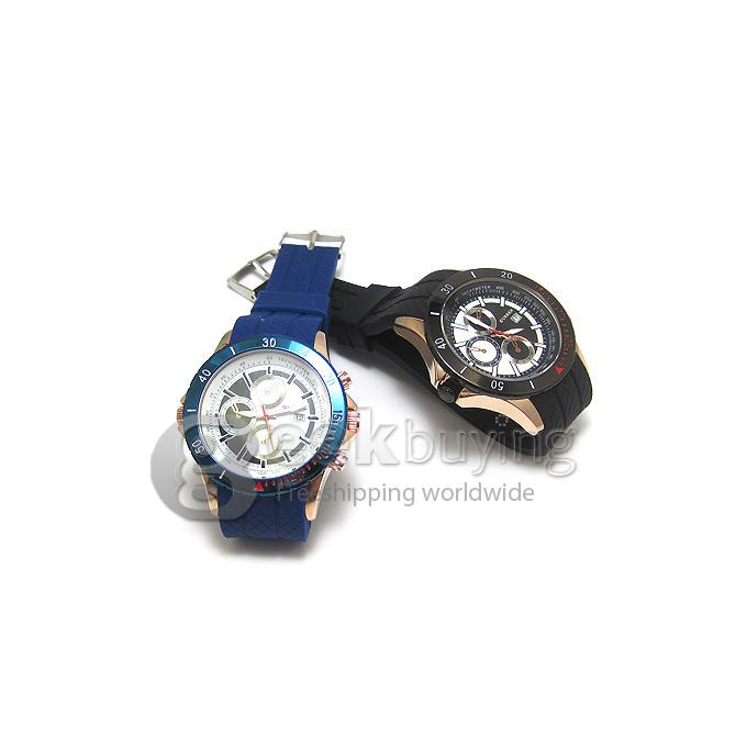 CURREN 8143 Silica Gel Band Round Golden Case Quartz Analog Wrist Watch Timepiece with 3 False Sub-dials Decor for Men - Blue