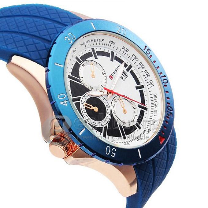 CURREN 8143 Silica Gel Band Round Golden Case Quartz Analog Wrist Watch Timepiece with 3 False Sub-dials Decor for Men - Blue