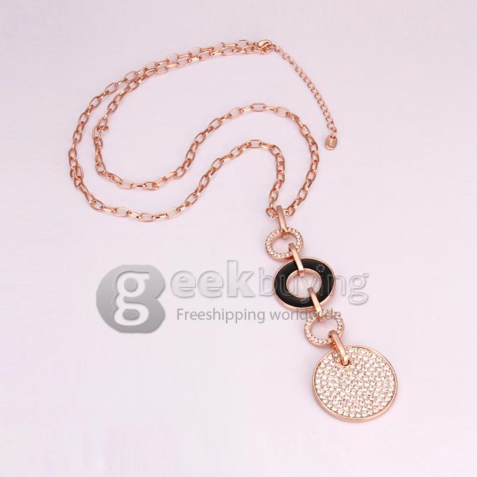 Fashion Crystal Pave Circle Pendant Sweater Chain Necklace - Black