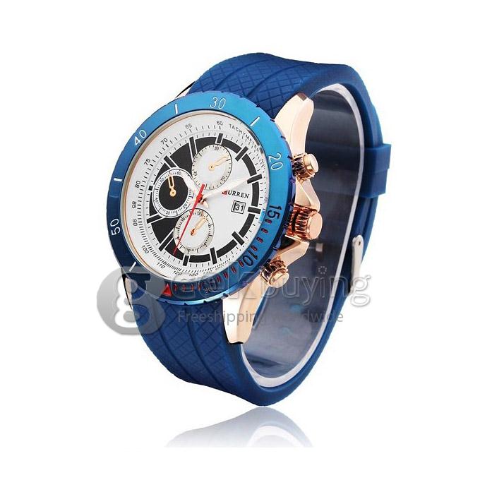 CURREN 8143 Silica Gel Band Round Golden Case Quartz Analog Wrist Watch Timepiece with 3 False Sub-dials Decor for Men - Blue