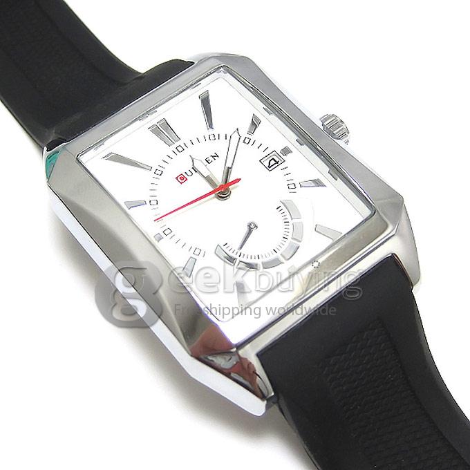 CURREN 8144 Black Rubber Band Square Case Quartz Analog Wrist Watch Timepiece with Calendar for Men - Silver & White
