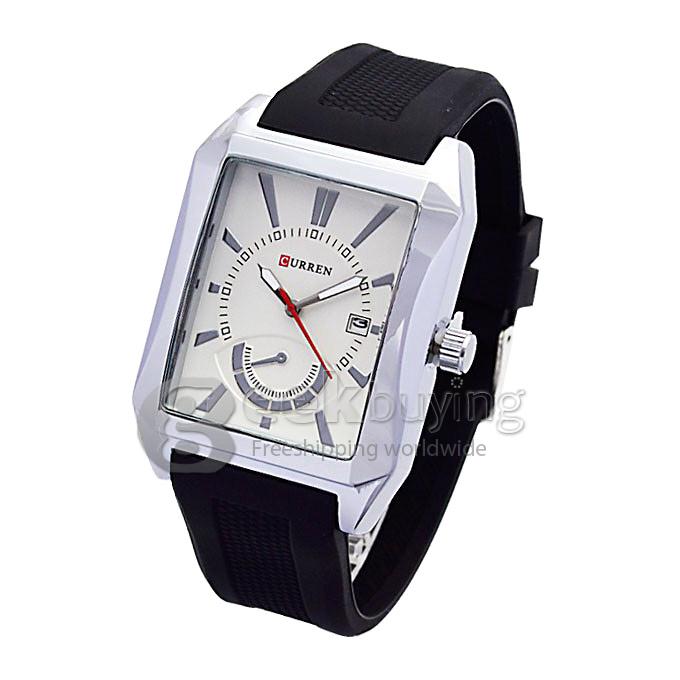 CURREN 8144 Black Rubber Band Square Case Quartz Analog Wrist Watch Timepiece with Calendar for Men - Silver & White