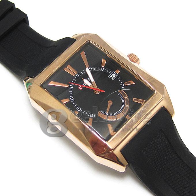CURREN 8144 Black Rubber Band Square Case Quartz Analog Wrist Watch Timepiece with Calendar for Men - Gold & Black