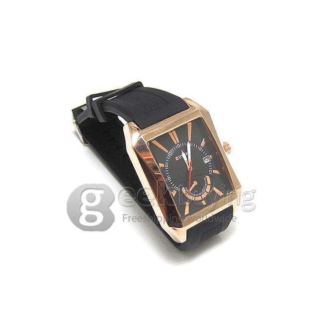 CURREN 8144 Black Rubber Band Square Case Quartz Analog Wrist Watch Timepiece with Calendar for Men - Gold & Black