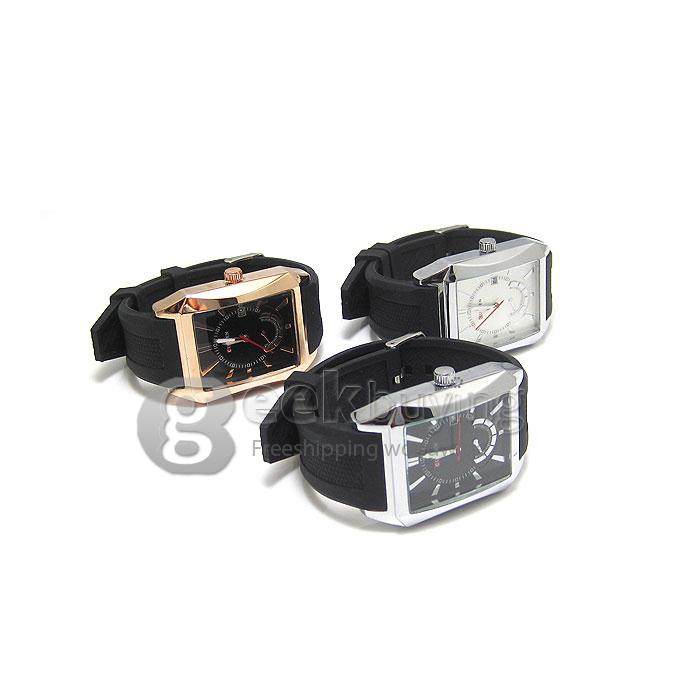 CURREN 8144 Black Rubber Band Square Case Quartz Analog Wrist Watch Timepiece with Calendar for Men - Silver & White