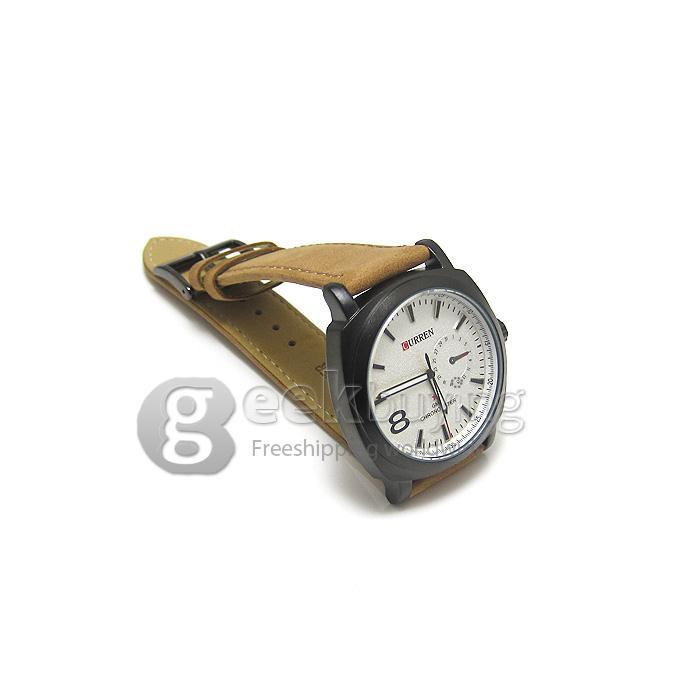 CURREN 8139 Chic Round Case Quartz Analog Wrist Watch Timepiece with Genuine Leather Band for Men - White