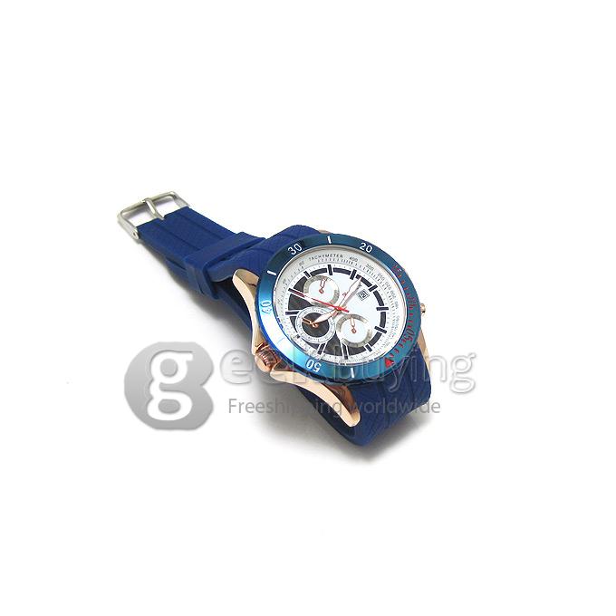 CURREN 8143 Silica Gel Band Round Golden Case Quartz Analog Wrist Watch Timepiece with 3 False Sub-dials Decor for Men - Blue
