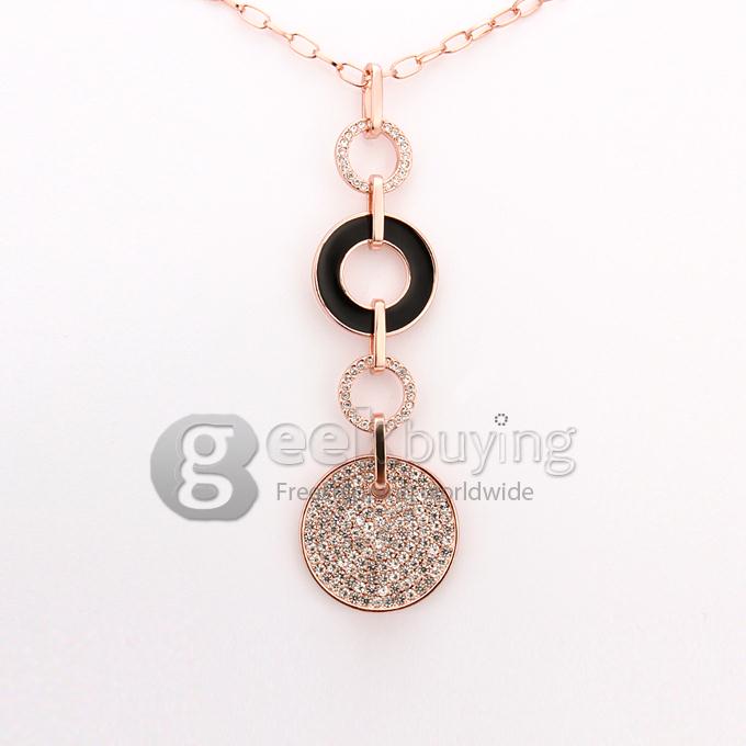 Fashion Crystal Pave Circle Pendant Sweater Chain Necklace - Black
