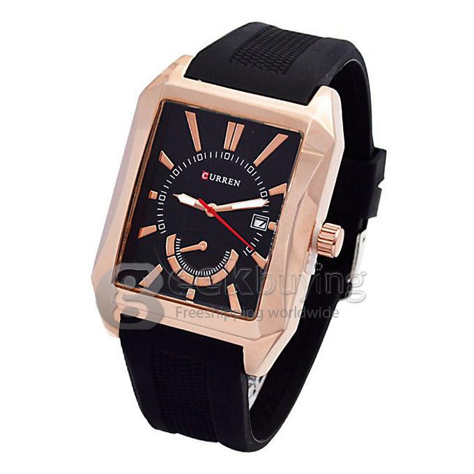 CURREN 8144 Black Rubber Band Square Case Quartz Analog Wrist Watch Timepiece with Calendar for Men - Gold & Black