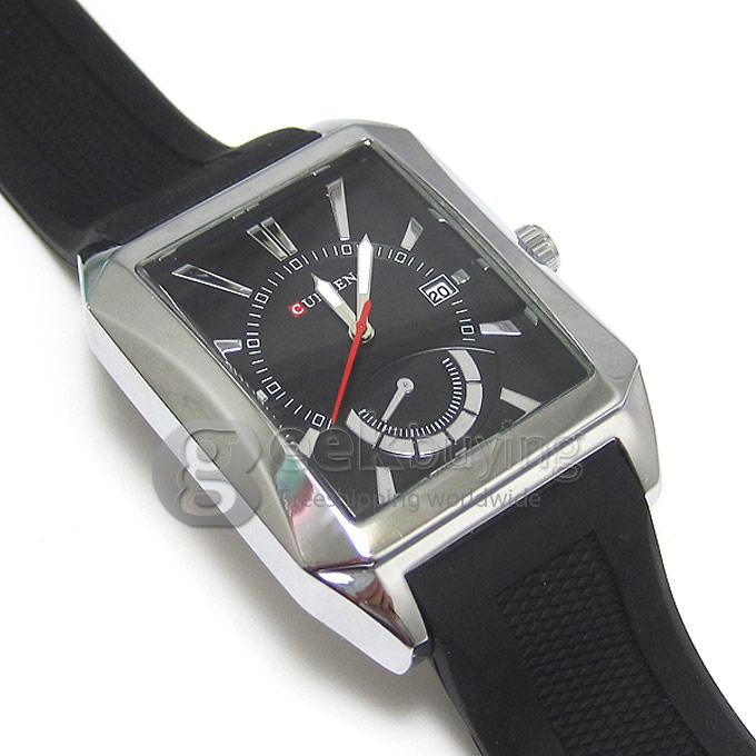 CURREN 8144 Black Rubber Band Square Case Quartz Analog Wrist Watch Timepiece with Calendar for Men - Silver & Black