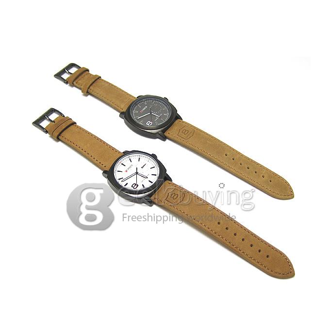 CURREN 8139 Chic Round Case Quartz Analog Wrist Watch Timepiece with Genuine Leather Band for Men - White