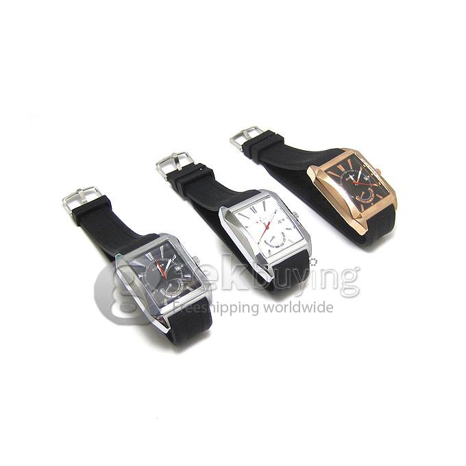 CURREN 8144 Black Rubber Band Square Case Quartz Analog Wrist Watch Timepiece with Calendar for Men - Silver & White